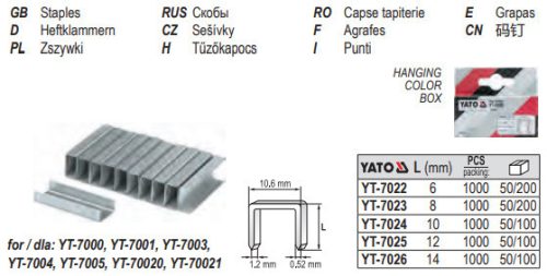 YATO YT-7023 Tűzőkapocs 8 mm (1000 db/cs)