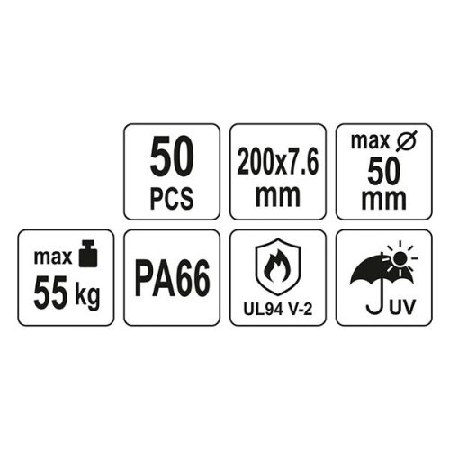 YATO YT-70650 Kábelkötegelő fekete 200 x 7,6 mm (50 db/cs)