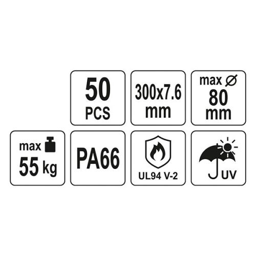 YATO YT-70651 Kábelkötegelő fekete 300 x 7,6 mm (50 db/cs)