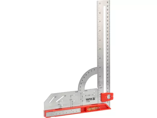 YATO YT-70790 Rozsdamentes acél derékszög jelölő lyukasztásokkal, szögmérő mélységmérő és viszszint mérő funkciókkal