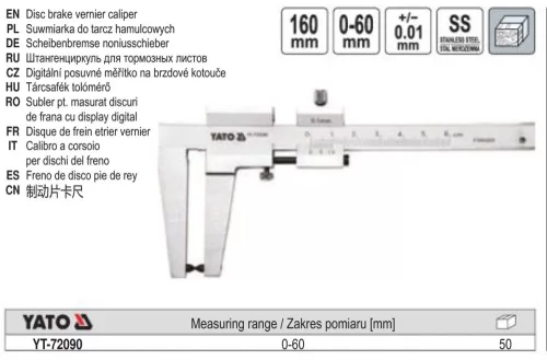 YATO YT-72090 Féktárcsa vastagság mérő 0-60 mm/0,1 mm mérési tartomány, 160 mm hosszú