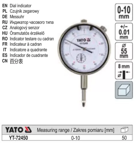 YATO YT-72450 Analóg indikátor óra 0-10/ 0,01 mm mágneses