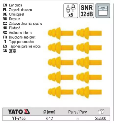 YATO YT-7455 Füldugó vágott 8-12 mm (5 pár/cs)