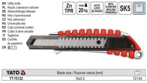 YATO YT-75122 Törhető pengés kés 18 mm fémházas