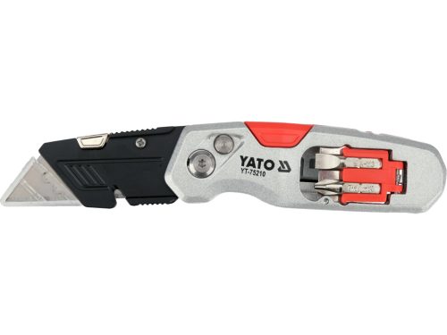 YATO YT-75210 Behajtható tarpézpengés kés övvágó / dobozbontó funkcióval +2 db pótpengével +2 db bitheggyel (1 db lapos 6mm, 1 db PH2)