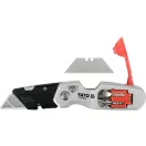 YATO YT-75210 Behajtható tarpézpengés kés övvágó / dobozbontó funkcióval +2 db pótpengével +2 db bitheggyel (1 db lapos 6mm, 1 db PH2)