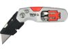 YATO YT-75210 Behajtható tarpézpengés kés övvágó / dobozbontó funkcióval +2 db pótpengével +2 db bitheggyel (1 db lapos 6mm, 1 db PH2)