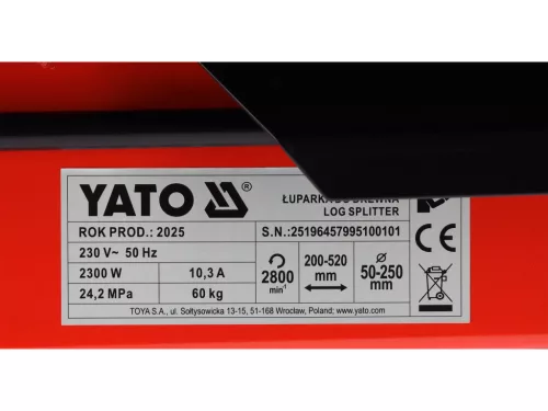 YATO YT-79951 Elektromos rönkhasító Lemez védőburkolattal 7T max 520 mm rönkhossz