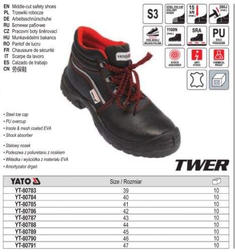 YATO YT-80787 Munkavédelmi cipő S3 43-as méret TWER