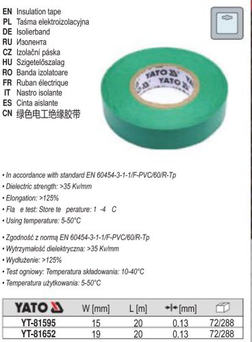 YATO YT-81652 Szigetelőszalag 19 x 0,13 mm x 20 m Zöld