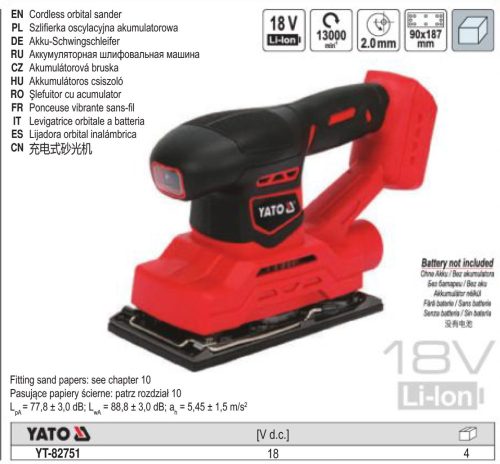 YATO YT-82751 Akkus rezgőcsiszoló 90 x 187 mm 18 V Li-Ion (akku + töltő nélkül)