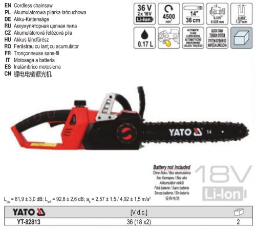 YATO YT-82813 Akkus láncfűrész 350 mm 2 x 18 V (akku + töltő nélkül)