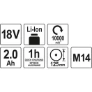 YATO YT-82826 Akkus sarokcsiszoló 125 mm 18 V Li-Ion (1 x 2,0 Ah akku + töltő)