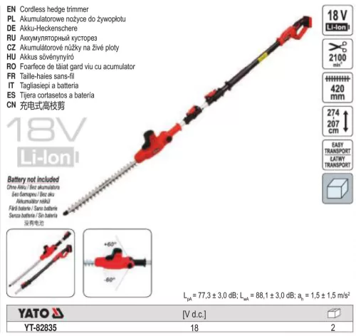 YATO YT-82835 Akkus lombnyíró 18 V (akku+töltő nélkül) 207-2740 mm