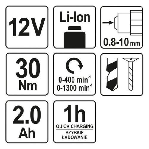 YATO YT-82901 Akkus fúrócsavarozó 30 Nm 12 V Li-Ion (1 x 2,0 Ah akku + töltő)