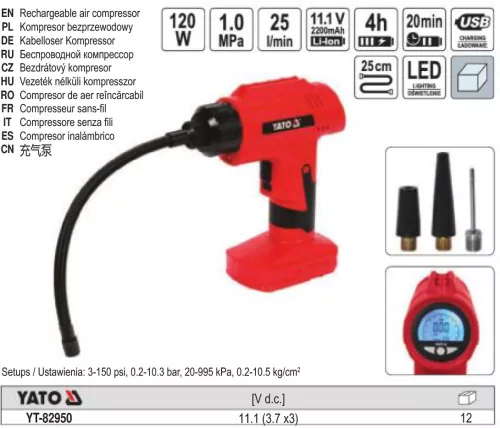 YATO YT-82950 Akkus kompresszor 2,2 Ah 120 W 1,0 Mpa