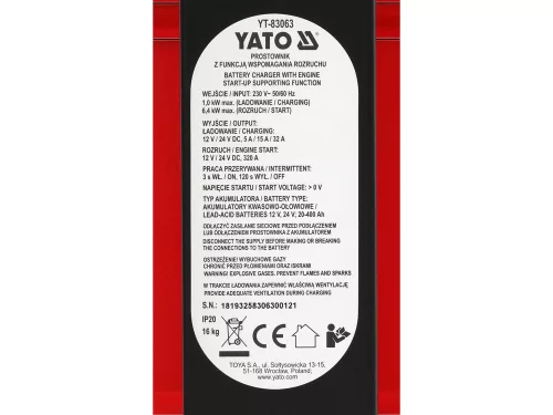 YATO YT-83063 Akkumulátor töltő és indító 12/24V 230V 20 - 400Ah