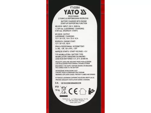 YATO YT-83064 Akkumulátor töltő és indító 12/24V 230V 20 - 800Ah