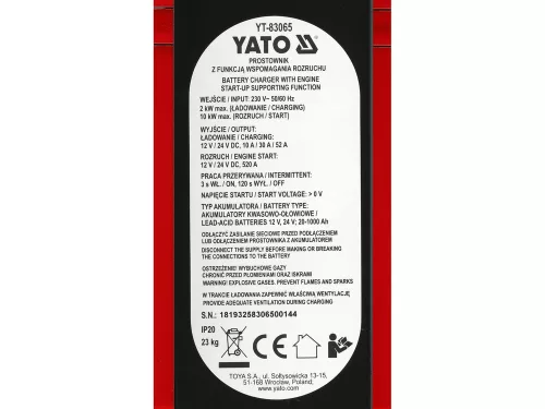 YATO YT-83065 Akkumulátor töltő és indító 12/24V 230V 20 - 1000Ah