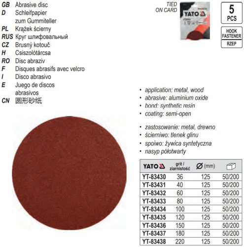YATO YT-83433 Tépőzáras fíbertárcsa 125 mm / P80 (5 db/cs)