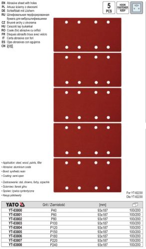 YATO YT-83808 Tépőzáras csiszolópapír 90 x 187 mm / P240 (5 db/cs)