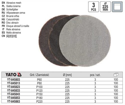 YATO YT-845833 Tépőzáras csiszolóháló 225 mm / P120 (3 db/cs)