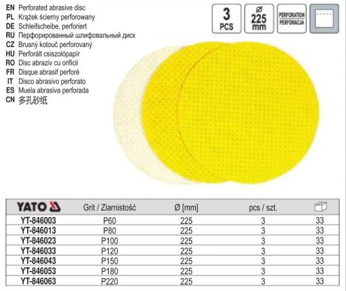 YATO YT-846023 Tépőzáras perforált csiszolópapír 225 mm / P100 (3 db/cs)