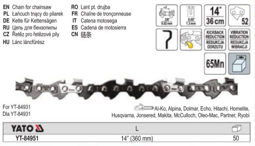 YATO YT-84951 Láncfűrész lánc 14" 3/8" 1,3 mm 52 szem