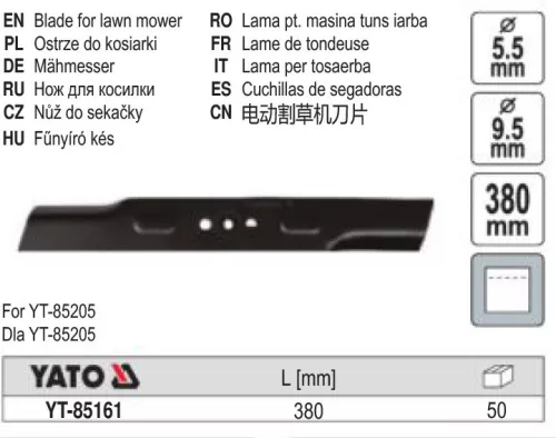 YATO YT-85161 Fűnyírókés YT-85205 fűnyíróhoz 380 mm