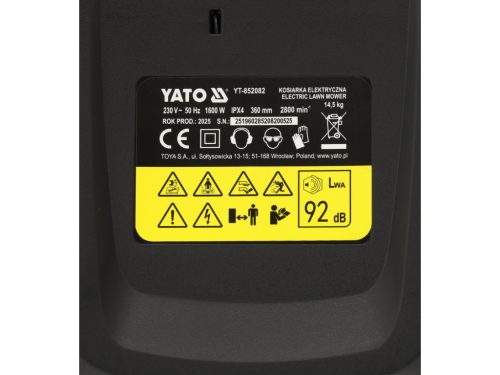 YATO YT-852082 Elektromos fűnyíró 1600V indukciós motorral 360mm