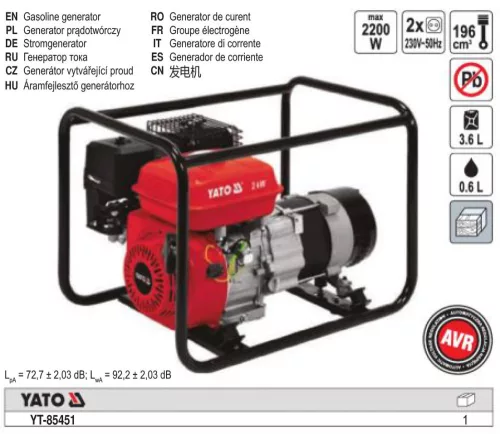 YATO YT-85451 Áramfejlesztő 2500 W 196 cm3