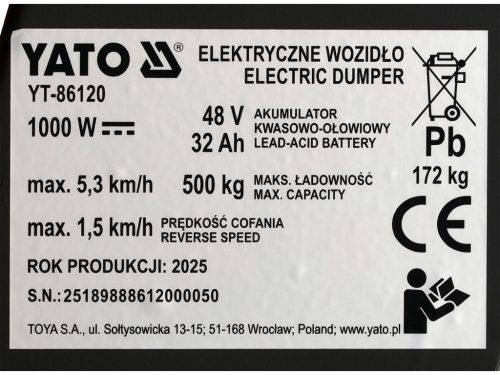 YATO YT-86120 Akkumulátoros gyalogos kíséretű bilenthető platós dömper 1000W 500kg 48V 32Ah